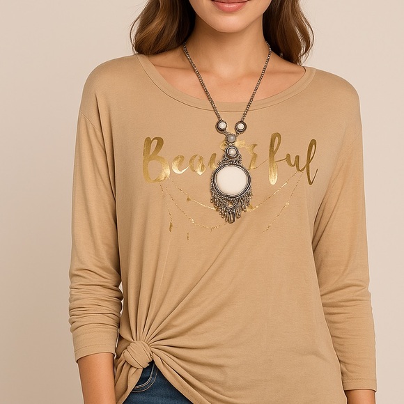 Tan “Beautiful” Foil Graphic Top – Long Sleeve Knot Hem Tee with Necklace - Picture 2 of 7
